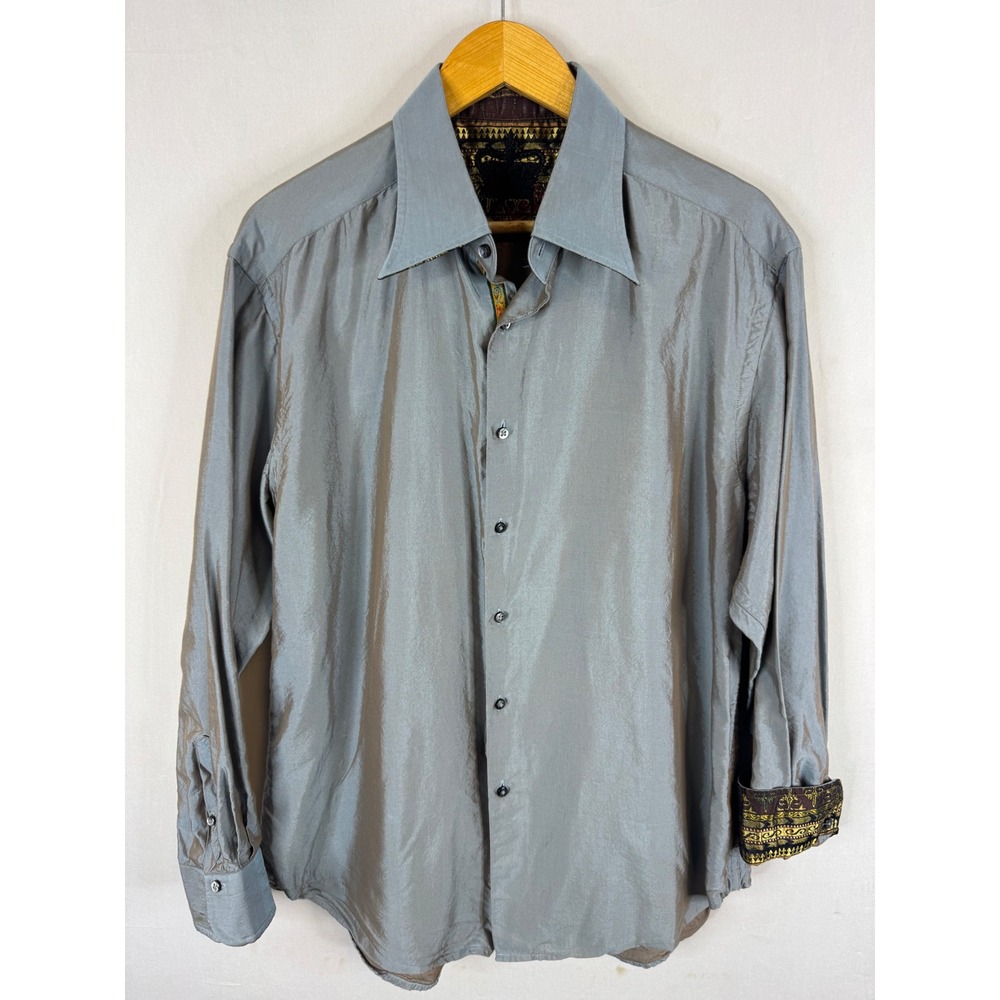 Robert Graham Mens XL Grey Metallic Long Sleeve Button Down Shirt Brocade Trim